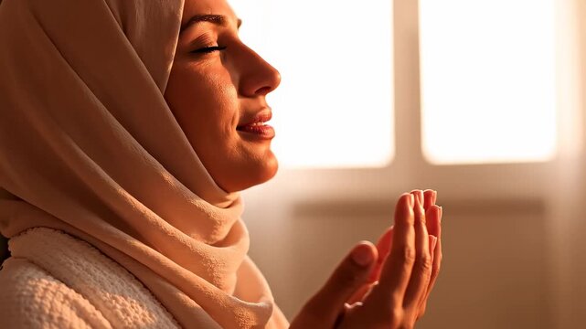 Cinematic close up of a woman Muslim person praying during Ramadan