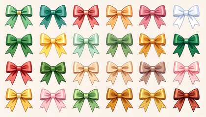 Obraz premium A flat lay showcases a collection of colorful ribbon bows in various hues, arranged in neat rows on a neutral backdrop, appearing festive