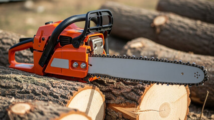 Naklejka premium Orange Chainsaw on Stacked Wood Logs, Powerful Tool for Lumberjacking and Wood Cutting, Outdoor Scene