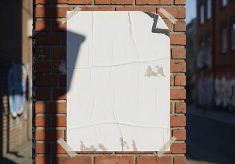A torn and taped white poster affixed to a red brick wall outdoors