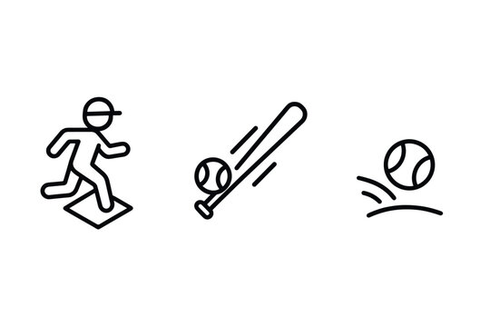 baseball player running base bat hitting ball and bouncing ball black line icons set