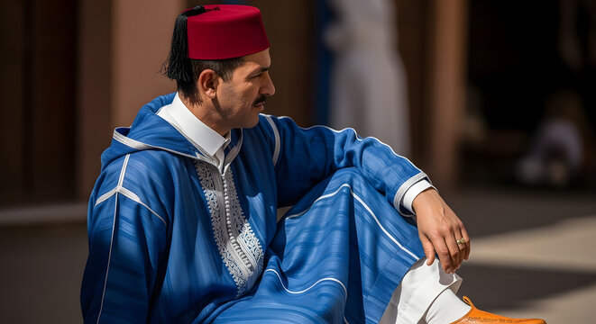Man in traditional Moroccan attire sitting comfortably outdoors. generated-AI
