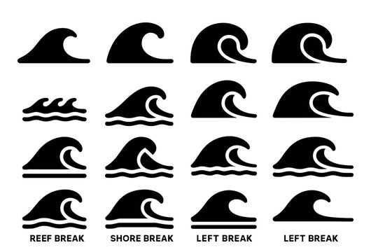 collection of black wave and ocean wave break icons with text in minimalist style
