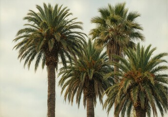 Obraz premium lush date palm trees against a cloudy sky in california.