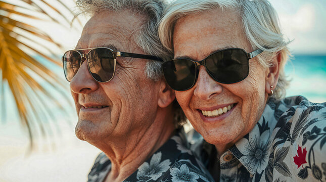 AI-generated image of a Canadian couple, a snowbird senior on a tropical beach