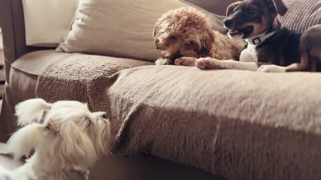Funny White Maltese Dog Barking Jealously at Cavapoo and Mixed Breed Relaxing with Treat on Couch &mdash; Comic Pet Clip