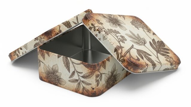 Decorative tin box with floral design, isolated on white background