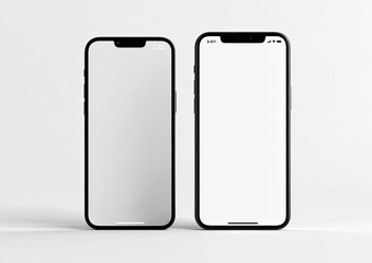 Two modern, slim smartphones with black bezels and bright, blank screens on a white background