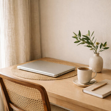 Mesa de trabalho minimalista com laptop fechado, caf&eacute;, caderno e vaso decorativo