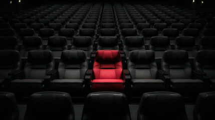 Cinematic scene of a large auditorium filled with rows of modern theater seats arranged in a precise grid pattern, with most seats upholstered in deep matte black featuring soft padded armrests