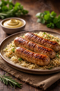 Gebratene W&uuml;rstchen mit Sauerkraut und Senf auf rustikalem Teller