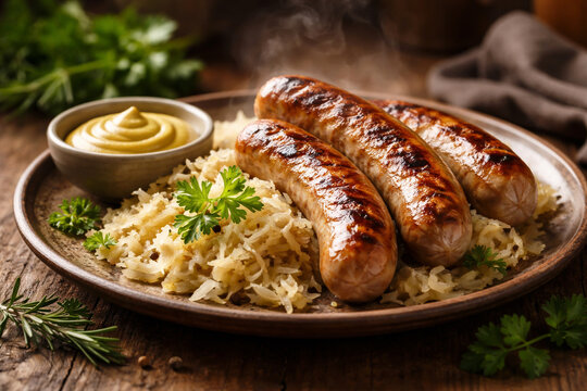 Gebratene W&uuml;rstchen mit Sauerkraut und Senf auf rustikalem Teller