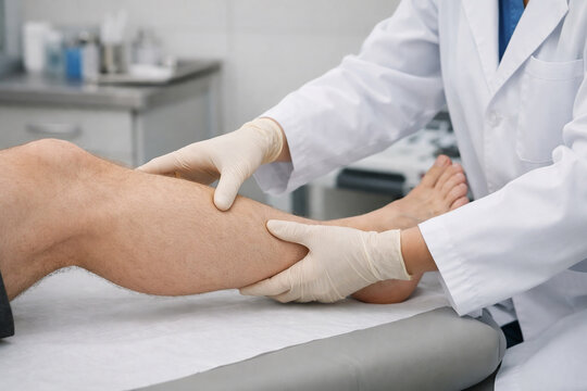 Profissional de sa&uacute;de examinando panturrilha de paciente em consulta cl&iacute;nica