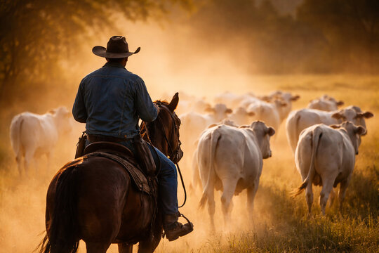 Pe&atilde;o a cavalo conduzindo rebanho de gado branco ao entardecer no campo