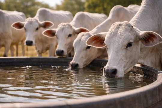 Gado branco bebendo &aacute;gua em bebedouro no pasto em cen&aacute;rio rural