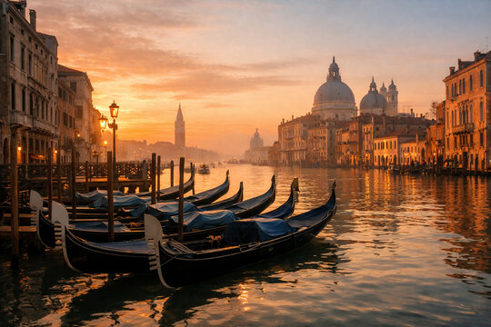 Gondole sul Canal Grande a Venezia al tramonto con atmosfera romantica