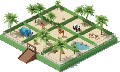 Isometric zoo map with animal enclosures featuring elephant giraffe panda and deer in a park landscape with palm trees and water pond vector illustration © Maslima