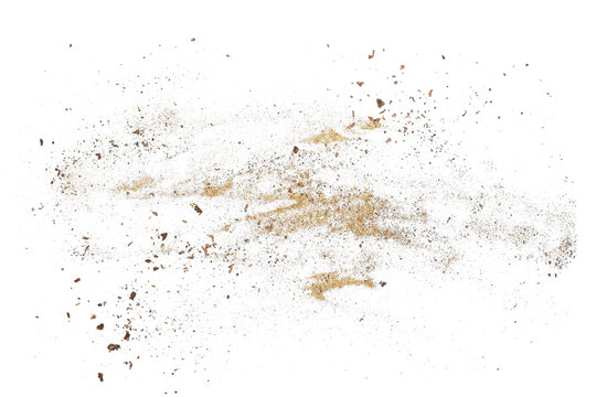 Sand, ashes and pieces of tree bark flying, dust isolated on white background and texture, clipping path