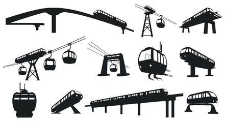 Various silhouettes of cable cars and elevated train systems in different designs. © Tina