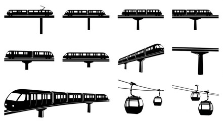 Various transportation systems including trains, monorails, and cable cars in silhouette form. © Tina