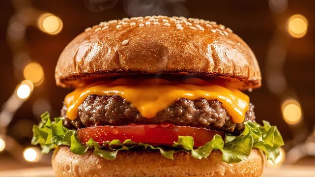 Steaming cheeseburger with melted cheese and fresh ingredients