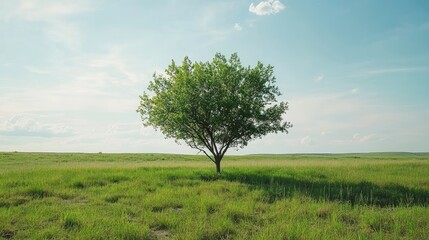 Fototapeta premium Solitary Tree in a Sun-Kissed Prairie Under a Vast, Whispering Sky.