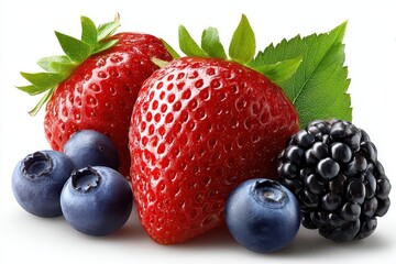 Fresh Red Strawberries and Blueberries with Green Mint Leaves Isolated on White Background