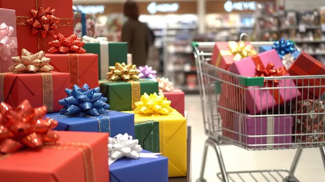 Colorful holiday gifts are stacked in a shopping cart and display