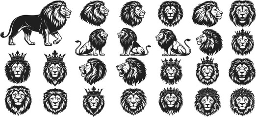 Lion Head and Full Body Silhouette Set with Crowned King Lion Mascot, Roaring Wild Cat Faces and Heraldic Emblem Designs for Logo and Branding © AB