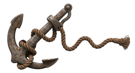 Rusty old anchor with rope isolated on transparent background nautical symbol © MDTOUFICKAHAMAD
