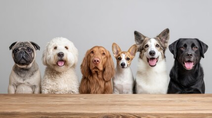 Different Dog Breeds Gathered Around a Wooden Board, Happy and Playful Expression, Variety of Colors and Sizes