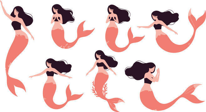 Mermaid illustration set with various poses and pink tails