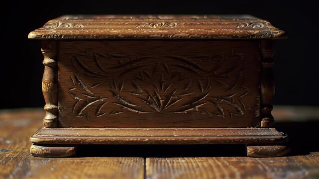Ornate carved wooden box rests on a rustic table