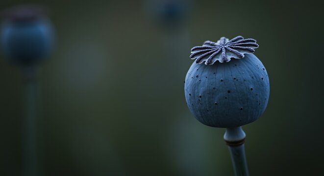 Closeup image of mature opium poppy seed pod with intricate top details against blurred green foliage background
