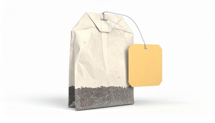 Traditional Rectangular Tea Bag with Blank Tag on White Background