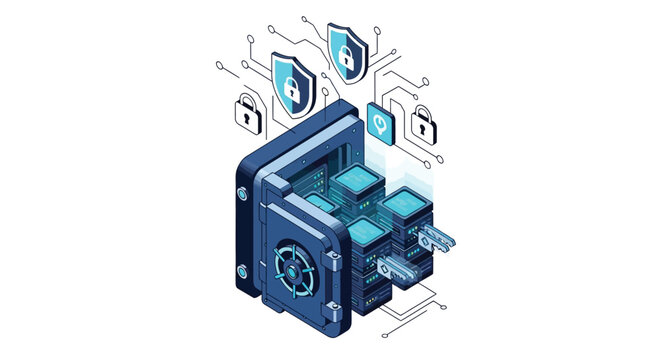 An intricate isometric illustration depicts a secure data management system, featuring a vault protecting servers, with locks and shields representing cybersecurity.