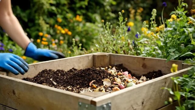 Hands in blue gloves mix organic compost into garden soil