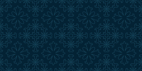 Fototapeta premium Medieval european gothic floral geometric seamless pattern. Elegant dark blue vector texture with gothic flower ornaments, stars. Outline background. Repeated design for decor, print, textile, fabric