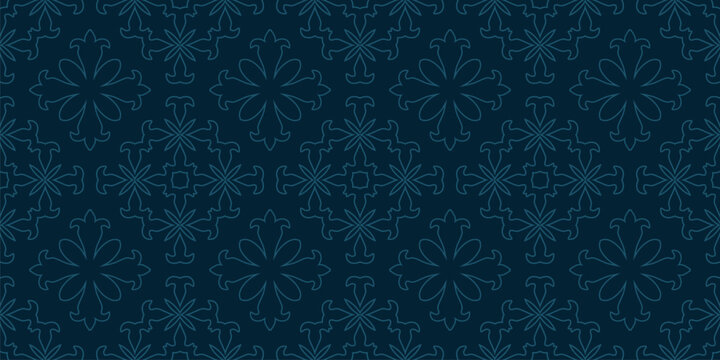 Medieval european gothic floral geometric seamless pattern. Elegant dark blue vector texture with gothic flower ornaments, stars. Outline background. Repeated design for decor, print, textile, fabric