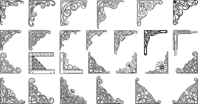 Vintage decorative corner border set featuring ornate filigree frames, victorian scrollwork ornaments, baroque flourishes, and elegant floral lace dividers for luxury wedding stationery.