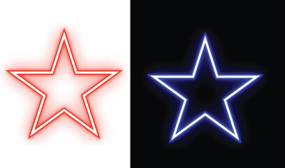 Obraz premium Neon star symbols in red and blue on white and black backgrounds