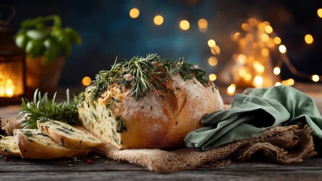 Freshly baked rustic herb bread with rosemary on a wooden table, cozy evening ambiance with warm bokeh lights