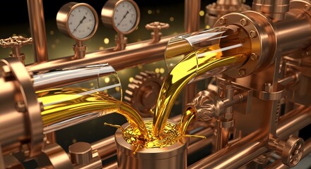 Industrial machine with copper pipes, gauges and flowing golden liquid representing oil production