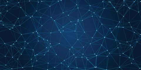 Dynamic blue network of glowing nodes and connecting lines creating a futuristic digital web on a dark blue gradient background © Arthur Vinsmoke