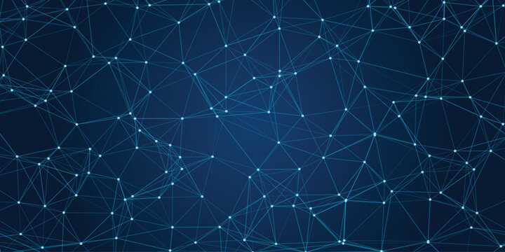Dynamic blue network of glowing nodes and connecting lines creating a futuristic digital web on a dark blue gradient background