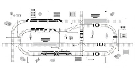Detailed illustration of a railway system with trains, stations, and tracks. © Tina