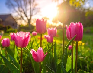 Fototapeta premium Pink tulips blooming in a garden, illuminated by bright sunlight during golden hour