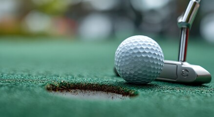 Golf ball nearing a hole on green turf with a putter poised to tap it in