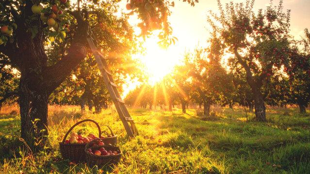 Golden hour sun in a vibrant apple orchard with baskets