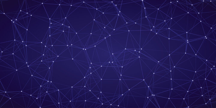 Deep blue abstract network structure with luminous white nodes and connecting lines creating a futuristic technological grid on a dark blue background